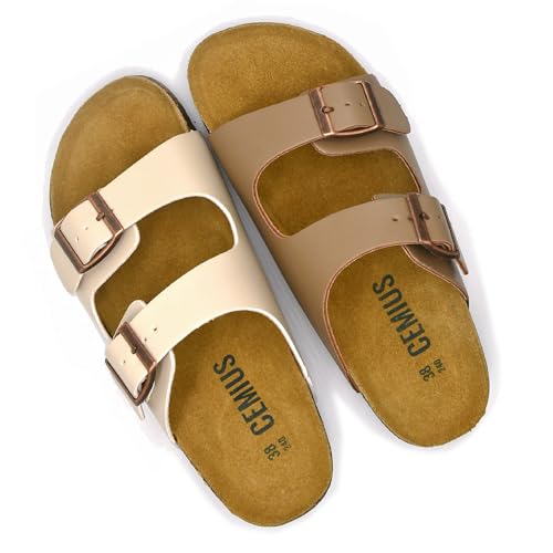 Image of Genuine Leather Cork Footbed Sandals with Arch Support Women Men's Flat Slip Slippers with Adjustable Double Buckle Beach Sandal Memory Foam Slides Open Toe Slipper for Summer Vacation