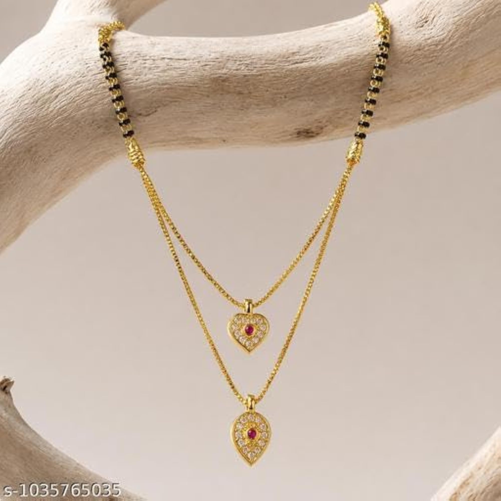 2 Layer AD Stone Mangalsutra with Gold Plated Short Black Bead Chain