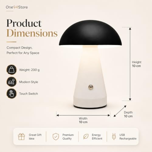 Image of One94Store Mushroom Table Lamp | Touch Control Dimmable Desk Lamp with Warm Light | USB Rechargeable Modern Bedside Lamp for Bedroom & Living Room