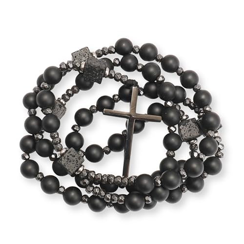 Nazareth Store Men's Rosary Necklace Black Onyx or Tiger Eye Beads with Black Alloy Cross, Catholic Christian Religious Jewelry, Gift for Him2