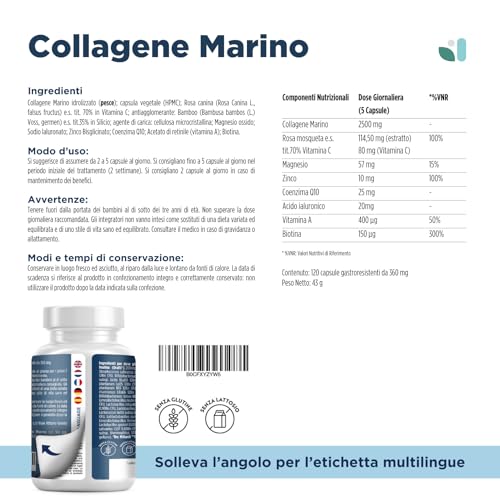 COLLAGENE MARINO con Acido ialuronico - 240 Capsule - 2500mg di Collagene idrolizzato, Integratore con Biotina, Vitamina C, Coenzima Q10 per Pelle, Capelli e Articolazioni - 5