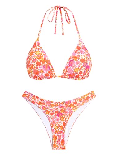 Image of ZAFUL Womens High Cut Bikini Sets Halter Swimsuit 2 Piece Triangle Swimwear | Bathing Suit with Cute Print,Textured Fabric,Removable Pad And Full Lining