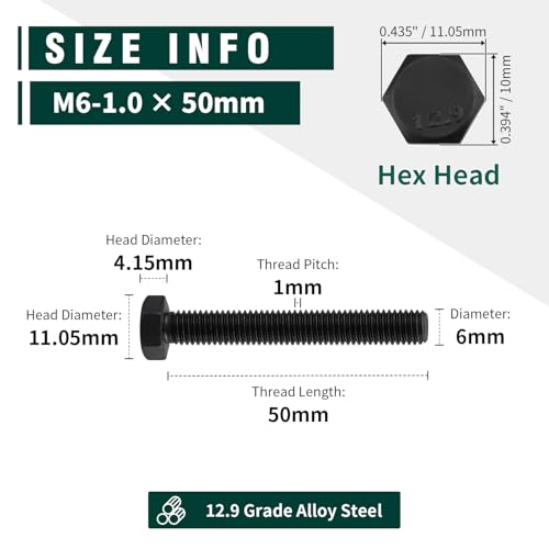 Image of M6-1.0 x 50mm Hex Bolts, 12.9 Grade Alloy Steel, Black Oxide Finish, Full Thread, Coarse Thread UNC, Hexagon Head Bolts 20 PCS