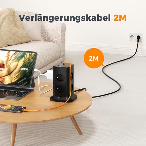 TESSAN Mehrfachsteckdose mit USB C und 3 USB A, 8 Fach Steckdosenleiste Überspannungsschutz, Verlängerungskabel 2M, Mehrfachstecker 3600W, Steckdosenturm Verteilersteckdose für Zuhause, Schwarz 4