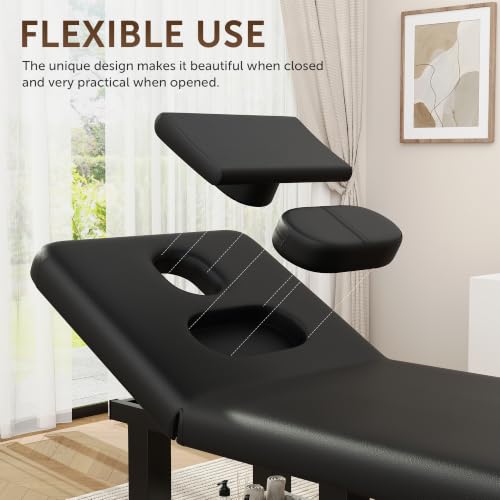 Image of Black Wide Stationary Massage Table with Backrest for Treatment Table Physical Therapy Table Spa Facial Bed, Metal Frame PU Leather 31.5'' Wide 75'' Long Heavy Duty Professional Stationary Massage Bed