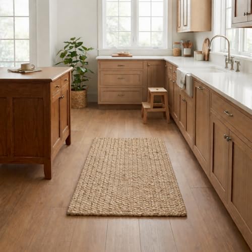 Image of Hand-Woven Cotton Braided Rug - Premium Heavyweight Natural Fiber Area Rug, Soft & Durable Rustic Floor Covering for Bedroom, Entryway - (1.5x3 feet, Beige Rectangular)