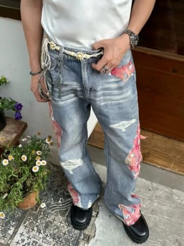 Y2k Grunge Ripped Print Contrast Patchwork Straight Harajuku Hip Hop Casual Baggy Trendy High Waist Hallow Out Jeans2