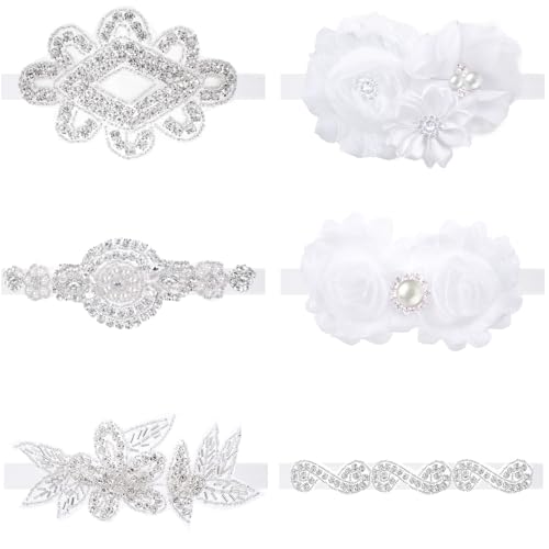 6 Pcs White Baptism Headband for Baby Girls Toddlers Elastic White Baby Headbands Chiffon Flower Crystal Lace Floral Christening Hairband Gifts for Birthday Baby Shower Party