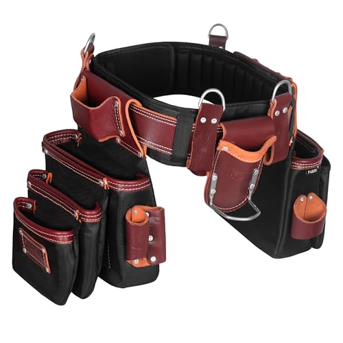 Fueri Cinturón de herramientas para hombre de nailon y cuero, 26 bolsillos, bolsa de herramientas con cómodo cinturón de apoyo para la espalda, cinturones de trabajo de construcción resistentes para