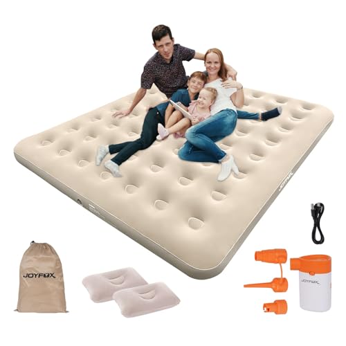 JOYFOX Colchão Inflável 3 Pessoas 200x180x23cm com Almofadas, Bomba de Lítio Recarregável e Bolsa de Transporte – Cor Creme