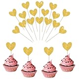Corazón Decoración Tarta 40 Piezas Cupcake Toppers San Valentín Adornos Pastel Romántico Ideales para Bodas, Cumpleaños y Aniversarios (Dorado)