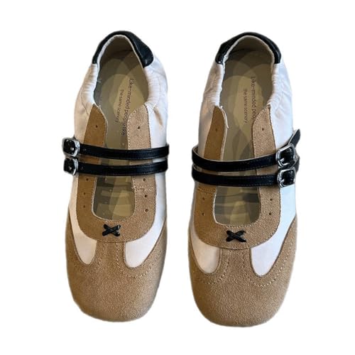 Ballet Sneakers for Woman Leather Buckle Color Block Wide Box Square Toe Trendy Ballerina Flats Fancy Retro Ballet Shoes 2025 Spring Summer Comfortable Soft Casual Daily Walking Footwear