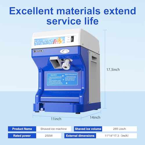 Vtsmax Electric Shaved Ice Machine, 250W Ice Shaver Machine Tabletop with Aluminum Alloy Blade, Thickness Adjustable 265lbs/hr Rotate Speed & Strong Power for Home and Commercial Use Blue(2.3Qt)