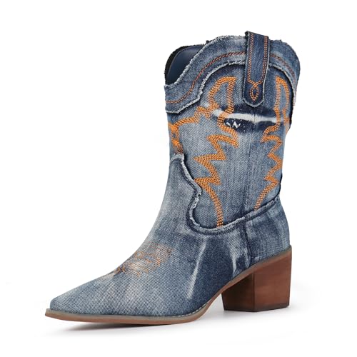 Hawkwell Women's Embroidered Stitched Rodeo Boots Pointed Toe Chunky Block Heel Classic Pull On Cowgirl Ankle Western Booties