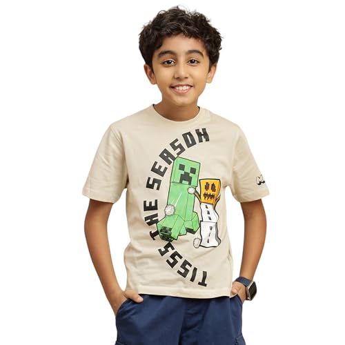 Image of Kidsville Official Minecraft Steve, Alex & Creeper Half Sleeves Round Neck Graphic Printed Regular Fit Pure Breathable Cotton Fabric Tshirt for Boys