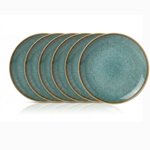 Image of Freakway Handcrafted Stoneware Ceramic Dinner Plates, Teal Reactive Glaze, 25.4 cm, Microwave & Dishwasher Safe, Set of 6