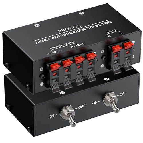 PROZOR Amplifier Speaker Selector Switch - 2(1)-In-1(2)-Out Bi-Directional Switcher Support 150W RMS Per Channel Passive Switcher Selector with On/Off Toggle & Spring Clip Terminals for Home Stereos