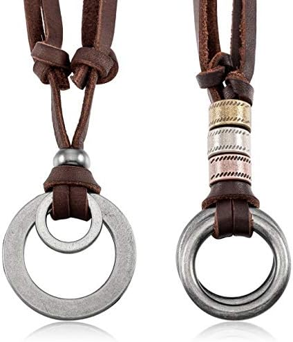 MOWOM Silver Tone Brown Alloy Genuine Leather Pendant Necklace Double Ring Adjustable