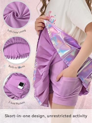 Miipat Mädchen Metallischer Rock Elastischer Hohe Taille Faltenrock mit Taschen Innenhose Plissierter Kinder Minirock für Party Tanz Tennis Skater(Lila,5-6Jahre)