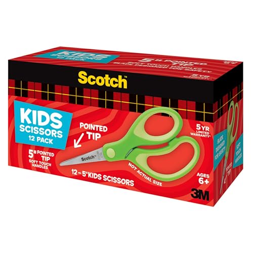 Image of Scotch 5 inch Soft Touch Pointed Tip Kids Scissors, 12 Count Teacher's Pack, Green, All-Purpose Scissors for School and Crafts (1442P-12)