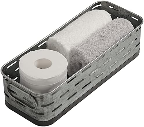 MyGift Rustic Galvanized Metal Bathroom Accessories Storage Basket with Handles and Cut Out Perforated Design, Countertop Toiletries Holder Tray, Vanity Dresser Organizer Bin Caddy