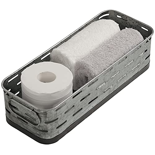 Mygift Rustic Galvanized Metal Bathroom Accessories Storage Basket With Handles And Cut Out Perforated Design, Countertop Toiletries Holder Tray, Vanity Dresser Organizer Bin Caddy #TOP23