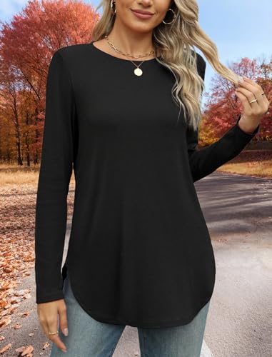 Womens Long Sleeve Round Neck Shirts Side Split Basic Loose Tunic Tops Casual 20254