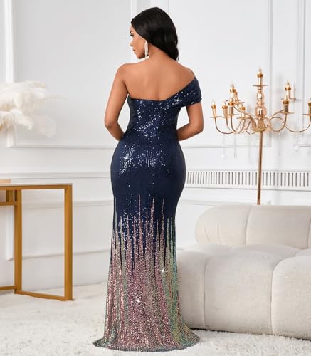Image of Cololura Women Sexy Sequin One Shoulder Mermaid Formal Party Cocktail Gowns Bodycon Evening Maxi Dress