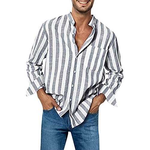 Mymyguoe Camisa de lino para hombre, camisa de verano a rayas, camisa de playa de algodón y lino, camisa de manga larga, camisa de muselina, camisas de solapa, camisas de verano, transpirables, sin