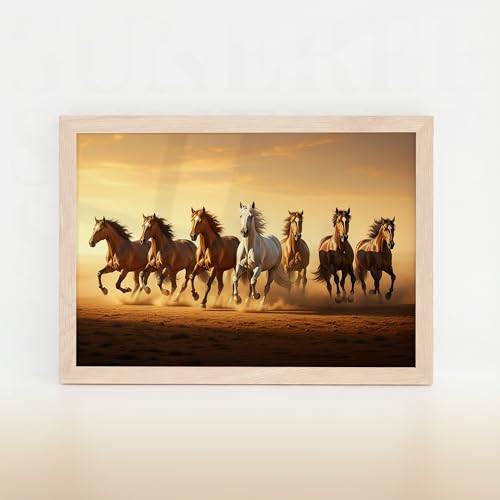 Image of 7 White Horse Vastu Wall Painting - Running Horses Golden Sunrise Desert Framed Wall Art for Living Room & Office Decor (Natural, Design 04, 10x13 Inch)