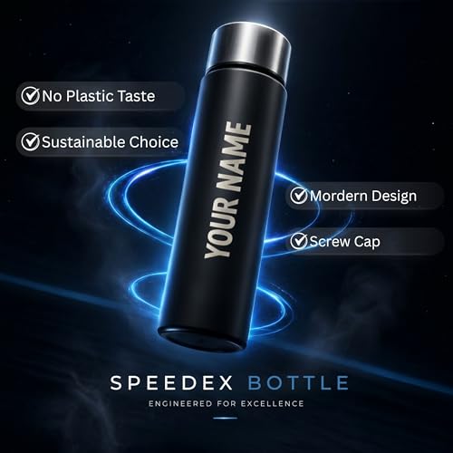 Image of Speedex Customized Black Stainless Steel Water Bottle 1 Ltr Single Wall | Personalised Name Printed Customised Water Bottle | BIS Approved | Reusable Bottle for Kids & Adults, School, Office & Travel