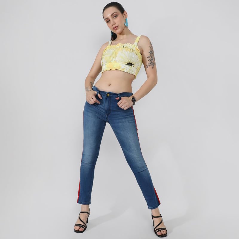 Image of PINACOLADA Women's Side-Striped Denim Jeans for Casual Wear | Light-Wash | Regular Fit | Button Closure | Cotton Denim Jeans Crafted with Comfort Fit for Everyday Wear