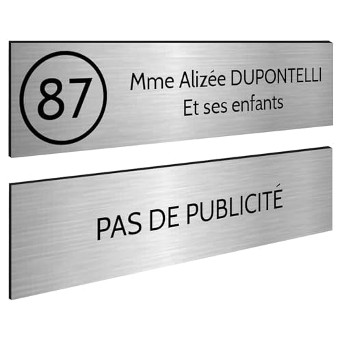 DECOHO - Plaque Boite aux Lettres Personnalisable - Lot de 2 plaques adhésives en Plastique Argent-Noir - Format 100x25 mm, Gravure Laser - Argent