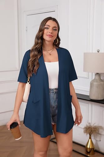 Image of IN'VOLAND Women Plus Size Lightweight Cardigan Short Sleeve Open Front Casual Summer Kimonos Cardigans with Pockets
