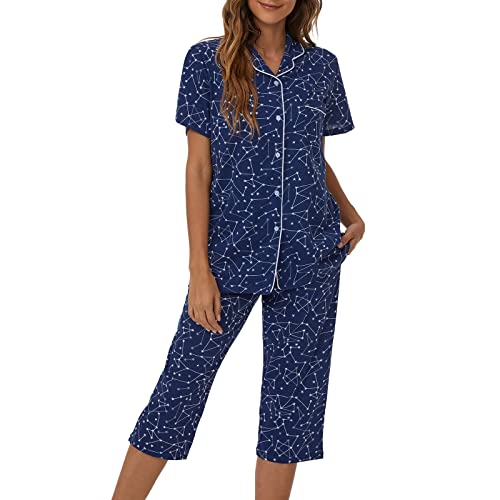 Image of Tugege Capri Pajamas Set Womens Button Down Short Sleeve Lounge Sets Sleepwear Notch Collar Top & Capri 2 Piece PJ Sets