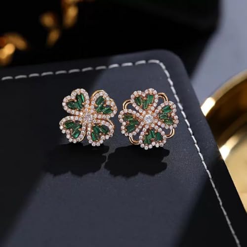 Sterling Silver Heart Shaped and Lucky Transfer 360°rotating Zircon Crystal Four-leaf Clover Studs Earrings4