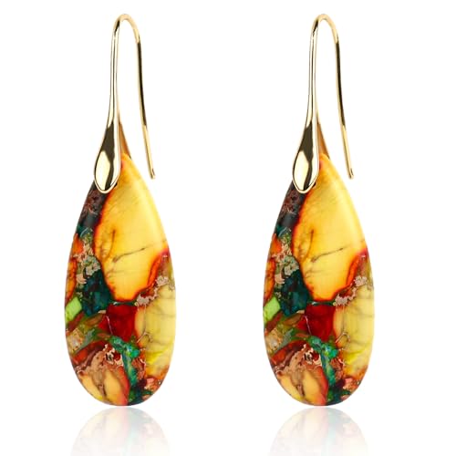 2 Pendientes de Piedra Curativa, Pendientes Colgantes de Aro Pez Colgante Piedra Decoración para las Orejas Joyería Moderna y Llamativa para Mujer (Color Dorado)