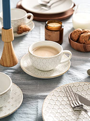 LE TAUCI Cappuccino Cups with Saucers 6 oz, Ceramic Embossment Coffee Cup for Au Lait, Double shot, Latte, Cafe Mocha, Tea, Dishwasher Safe - Set of 4, Arctic white