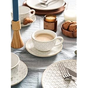 LE TAUCI 6 oz Cappuccino Cups with Saucers Suit For House warming Ceramic Embossment Coffee Cup for Au Lait Double shot Latte Cafe Mocha Tea Set of 4 Arctic white