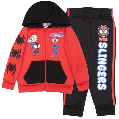 Marvel Spidey and His Amazing Friends Boys 2 Piece Fleece Set - Spiderman Zip Up Hoodie and Joggers 2-Pack Bundle for Kids