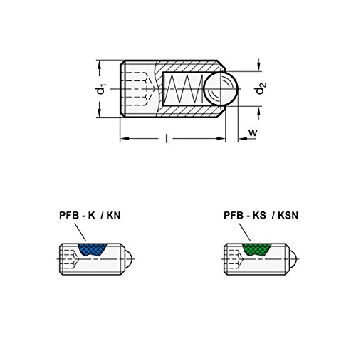 Ganter Normelemente GN 615.3-M8-KSN-PFB 3-M8-KSN-PFB-Federnde Druckstück mit Gewindesicherung, Silber, Gewinde d1: M8, 2 Stück