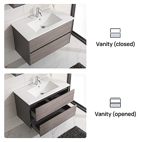 Wonline 36" Wall Mounted Bathroom Vanity Set Two Drawers Storage Cabinet With Ceramic Vessel Sink And Mirror Combo Chrome Faucet #TOP4