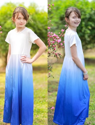 Image of Arshiner Girls Maxi Dress Long /Short Sleeve Casual Holiday Dress with Pockets for 5-13 Years