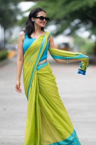 Image of Sudip callection Handloom Mul Cotton Saree for Women - Bottle Green with Pink Border Golden Zari Line & Tassel Pallu