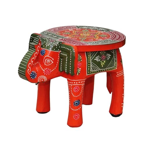 Image of Hand-Crafted and Emboss Colorful Painted Wooden Elephant Round Shape Stool for Home /Office /Living or Bedroom Decor,Decorative Showpiece (8 Inches Height, Orange)