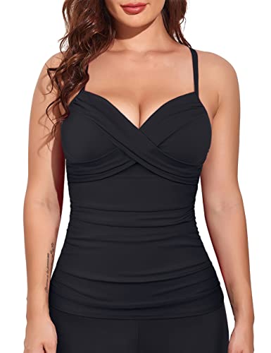 coastal rose Womens Underwire Tankini Swim Top Cross Front V Neck Swimsuit Tops Ruched Tummy Control Swimwear2