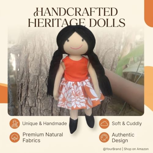 Image of Handcrafted Indian Rag Doll Set, Stitch Soft Toy Doll for Kids, Soft Cotton Fabric Yarn Cloth Doll, Traditional South Indian Soft Toys for Kids Room Decor (Orange, Floral)