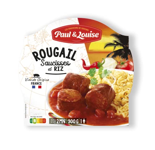 Paul & Louise Rougail Saucisses et son riz 300g - Prêt en 2 min - 100% viande origine France - Plat rapide - Longue Conservation - Stockage Ambiant - Conserve