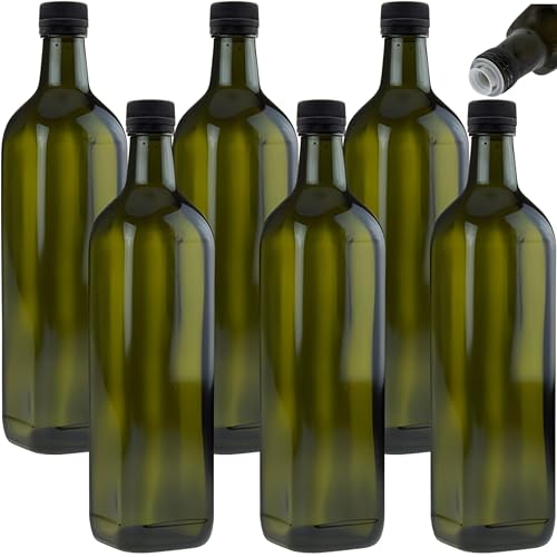 mikken 6 botellas de aceite de 750 ml con vertedor verde/marrón, dispensador de aceite, botella de cristal con dosificador y etiquetas