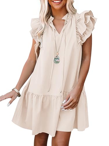 Image of ANRABESS Womens Summer V-Neck Drawstring Ruffle Cap Short Sleeve Casual Shift Mini Dress with Pockets